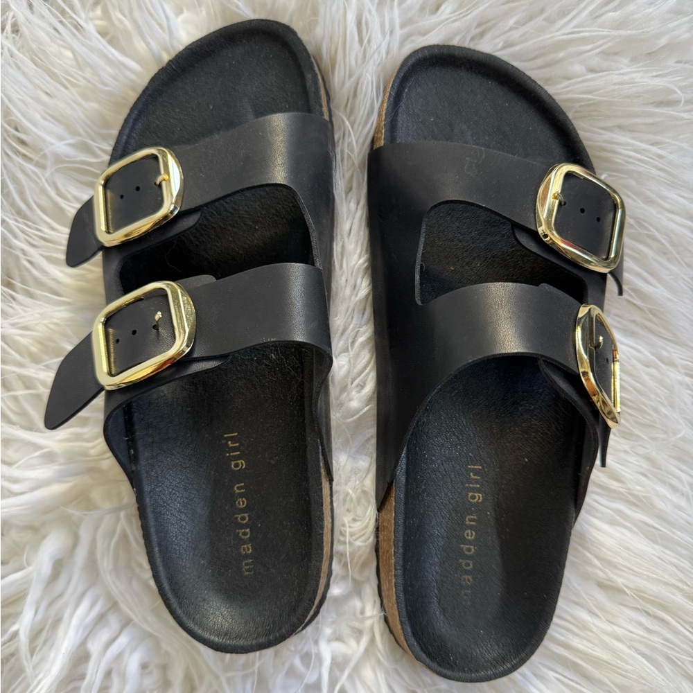 Madden Girl Cork Black Slides with Gold buckles